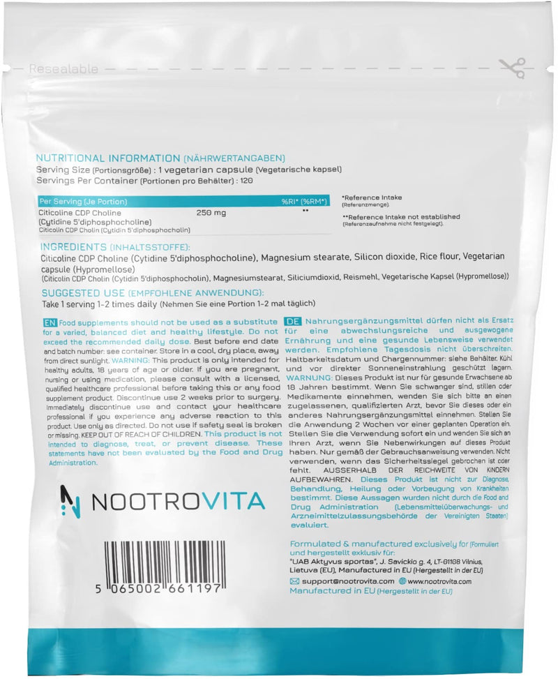 Citicoline CDP Choline 120 Capsules - For Memory, Concentration and Cognitive Function | Gluten, Allergen Free | Manufactured in ISO-certified companies | Nootrovita 120 pieces (pack of 1) - NewNest Australia