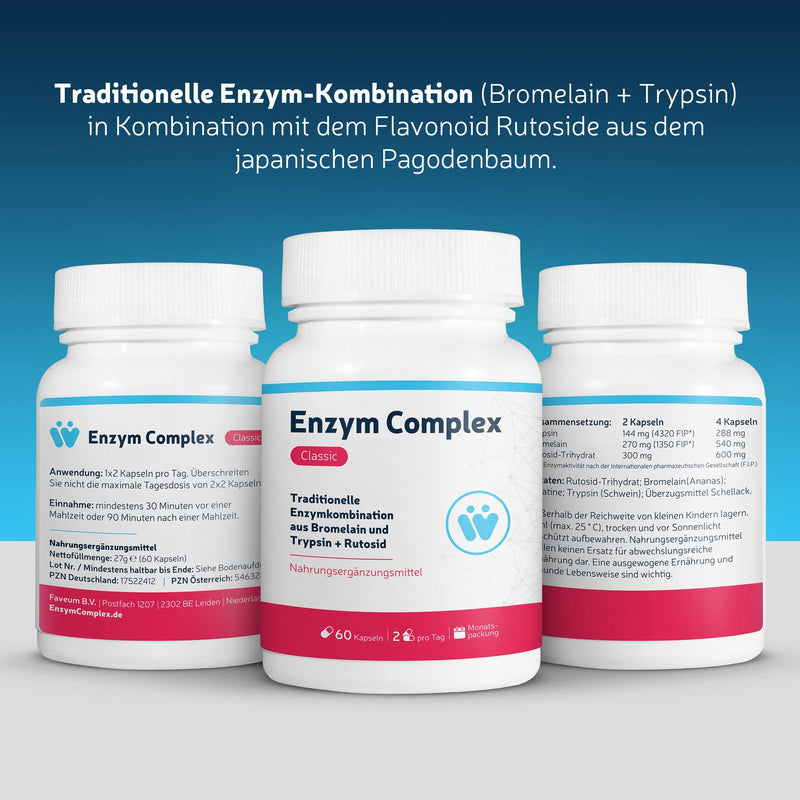 Enzyme Complex Classic - With high-dose bromelain pineapple enzyme + trypsin + rutoside - monthly pack with 60 enzyme capsules - traditional systemic enzyme combination - NewNest Australia