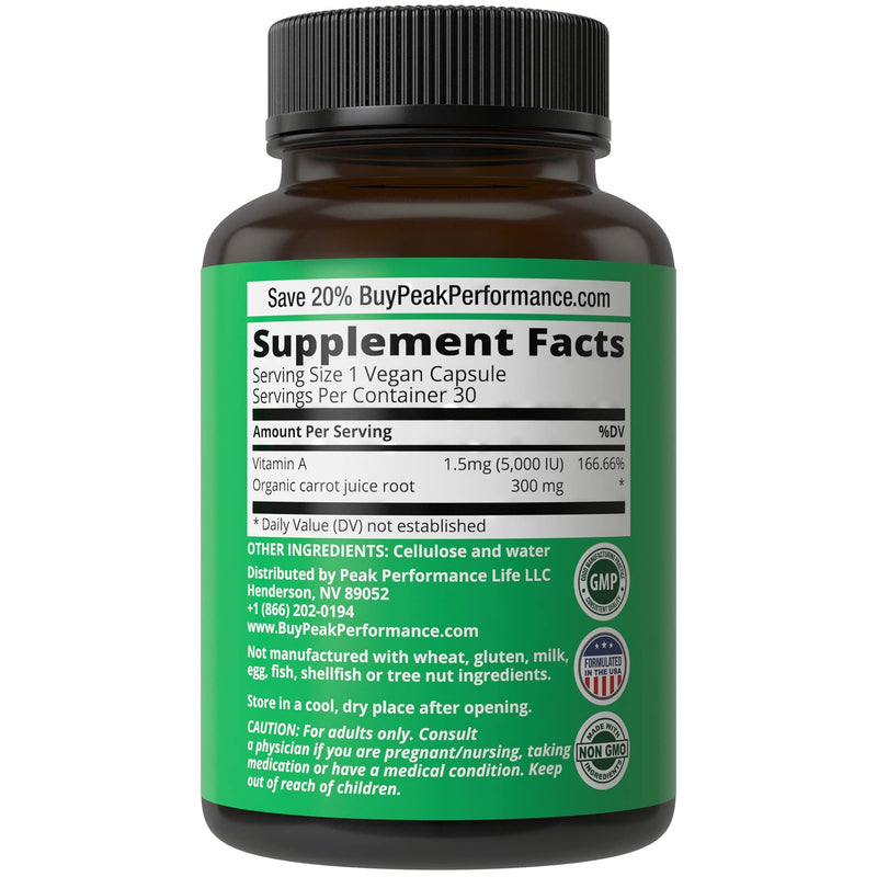 Raw Whole Food Vitamin A Capsules Supplement by Peak Performance. High Potency Vitamins with Organic Carrot Juice. Great for Immune, Skin, Eye Support. Vegan Pills, Tablets - NewNest Australia