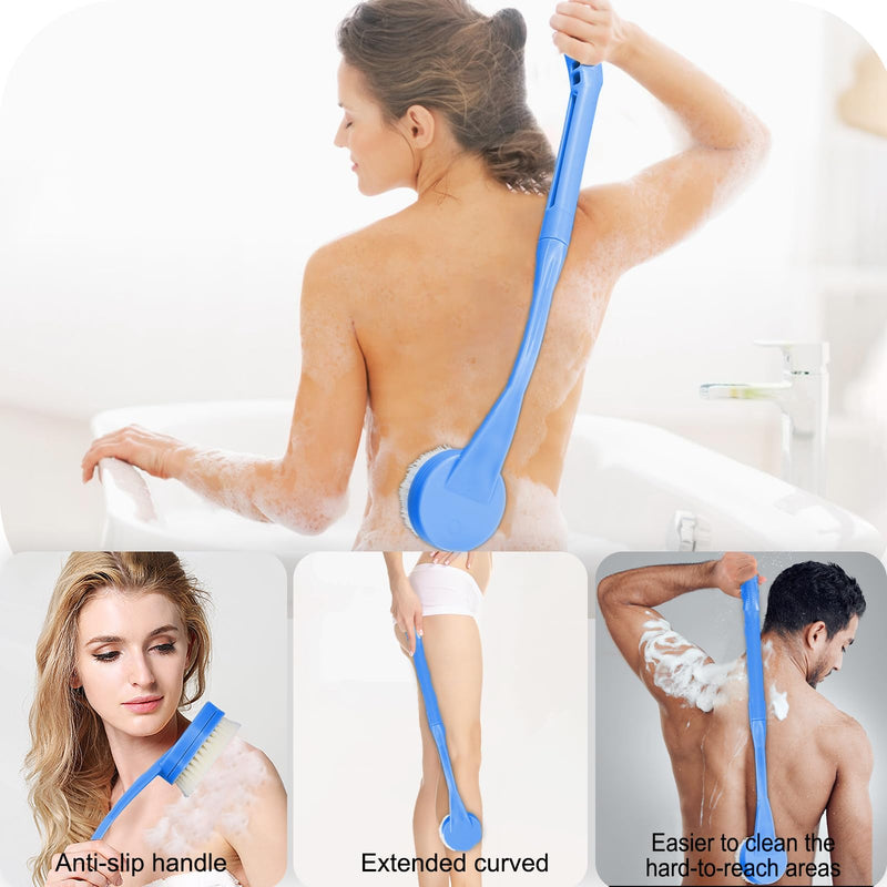 Back Brush Shower, 50.1 Cm Bath Brush With Long Handle, Curved Handle Back Brush For Showering Elderly And Disabled People, Limited Mobility, Optimal Back Care (Blue) - NewNest Australia