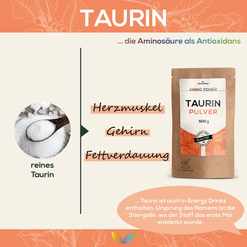 Taurine powder | 500g bag | 100% pure active ingredient | Quality from Austria | laboratory tested | vegan | Sanutrition - NewNest Australia