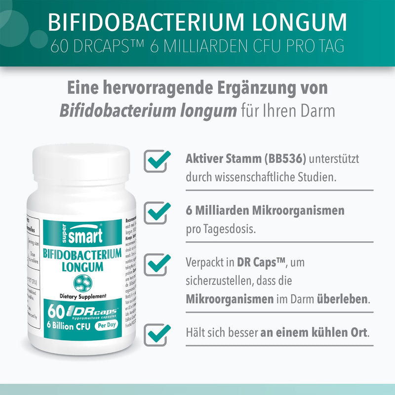 Supersmart - Bifidobacterium Longum 75 mg per serving - Probiotics for intestinal health & intestinal flora | Non GMO & Gluten Free - 60 DR Capsules - NewNest Australia