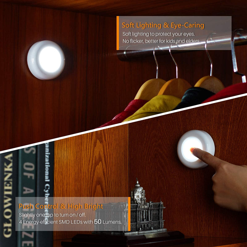 STAR-SPANGLED Tap Light, Push Lights, Stick on Lights Battery Powered Operated, Night Touch Light, Mini LED Puck Lights for Closet, Under Cabinets, Kitchen (Includes 12 Batteries, Cool White, 4 Pack) 4 Pack, Push Control, Include battery - NewNest Australia