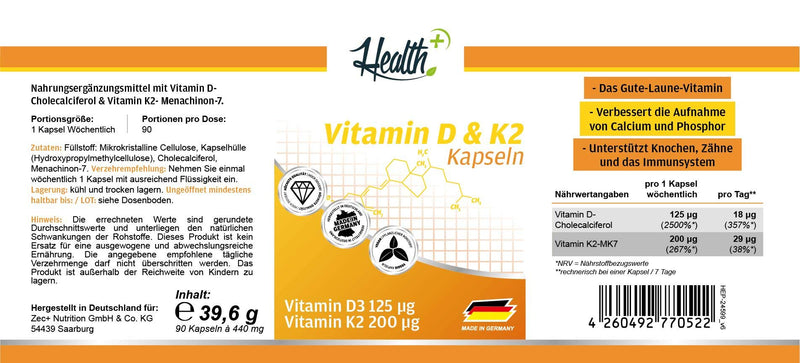 Health+ Vitamin D3 & K2, 90 capsules each with 5000 IU vitamin D3 and 200 mcg vitamin K2, high-dose vitamin D capsules, made in Germany - NewNest Australia