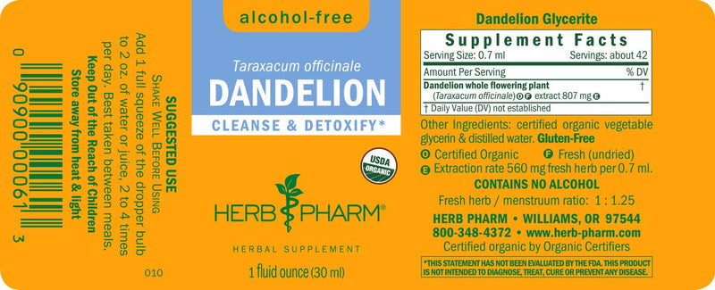 Herb Pharm Certified Organic Dandelion Liquid Extract for Cleansing and Detoxification, Alcohol-Free Glycerite, 1 Ounce 1 Fl Oz (Pack of 1) - NewNest Australia