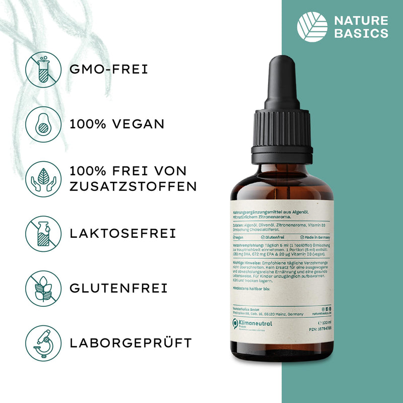 Vegan Omega 3 algae oil - 100 ml drops high dosage / 1158 mg DHA & 579 mg EPA/citrus aroma/high-quality obtained from algae/certified & sustainable 100 ml drops - NewNest Australia