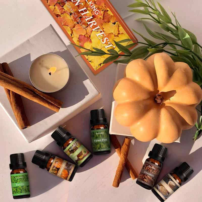 Salking Autumn Essential Oils Set, 6 X 10 Ml 100% Organic Aromatherapy Fragrance Oil Gift Set For Diffuser, Humidifier, Massage, Pumpkin Spice, Vanilla, Wild Pine, Cider, Cinnamon, Cinnamon Biscuits - NewNest Australia