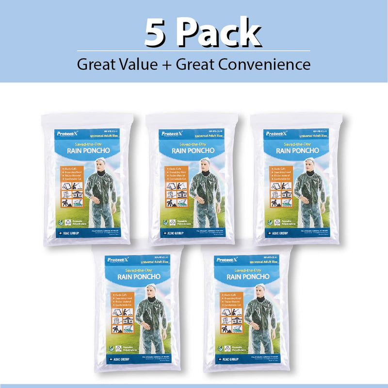 ProtectX Disposable Rain Poncho, Premium Material, Elastic Cuffs and Drawstring Hood, Universal Adult Size, Ultra-Durability, 5 Pack - NewNest Australia
