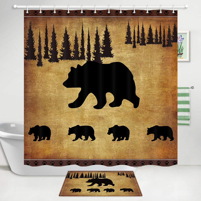 JAWO Black Bear Shower Curtain and Bath Mat Set, Rustic Cabin Bears Animal Shower Curtains Fabric 69X70 Inch, Bathroom Accessories Hooks Rug Sets - NewNest Australia