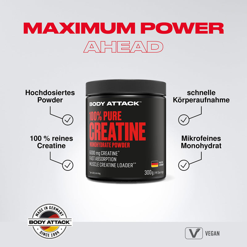 Body Attack Creatine Monohydrate, 300 G Powder, Made In Germany, Pure Creatine Monohydrate Powder For Self-Dosing, Microfine With Optimal Solubility, Vegan, Product Of The Cologne List - NewNest Australia