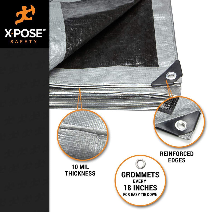 Heavy Duty Poly Tarp - 10 Mil Thick Waterproof, UV Blocking Protective Cover - Reversible Silver and Black - Laminated Coating - Rustproof Grommets - by Xpose Safety (5 Feet x 7 Feet, Silver/Black) 5 Feet x 7 Feet - NewNest Australia