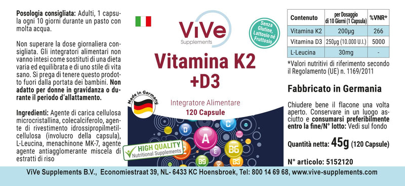 Vitamin K2 200 mcg Menaquinone MK7 + D3 10,000 IU Depot - 120 capsules, high dose, only one capsule every 10 days | Quality from Germany from ViVe Supplements - NewNest Australia