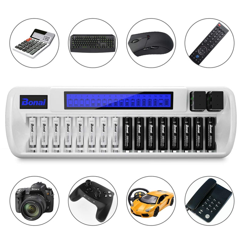 Bonai 16+2 Bay Rechargeable Battery Charger for NiMH AA AAA 9V Batteries (Updated, High Speed Charging) with Smart LCD Display and AC Wall Adapter, Batteries not Included - White - NewNest Australia