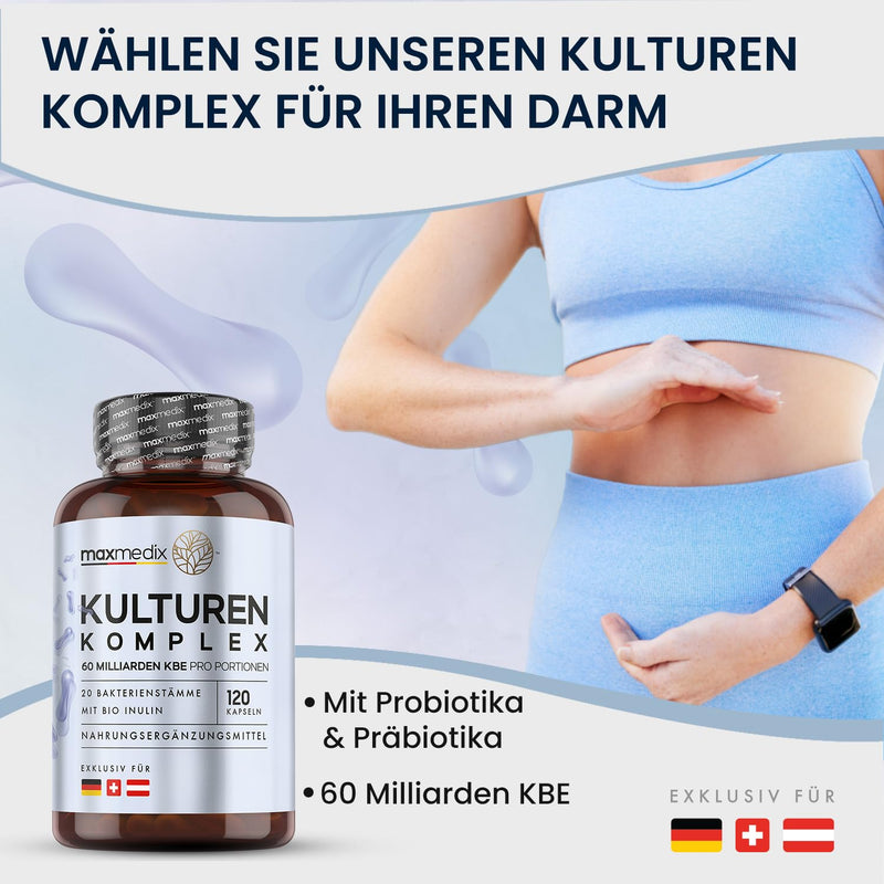 Cultures Complex With 60 Billion Cfu - 20 Bacterial Strains & Bio Inulin - With Lactobacillus Reuteri & Lactobacillus Gasseri - Laboratory Tested In Germany - Enteric-Coated & Vegan - 120 Capsules - NewNest Australia
