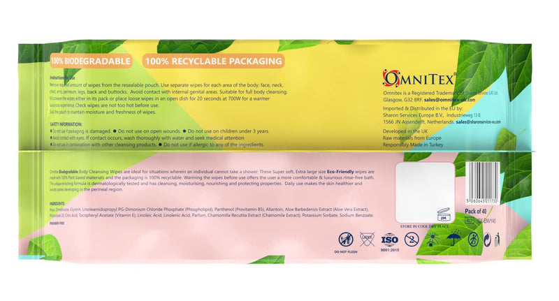 160x Omnitex Biodegradable Extra Large & Extra Thick Body Cleansing Wipes - Microwaveable | Rinse Free Wipes for Camping, Festivals, Elderly Bed Bath | Alcohol Free, With Aloe Vera & Vitamins | 4x40pk - NewNest Australia