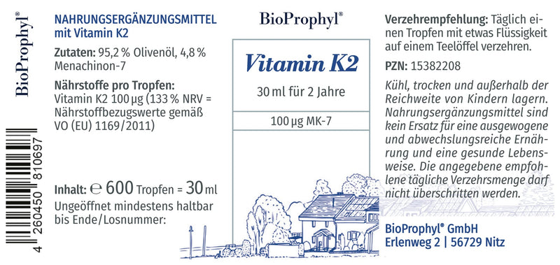 BioProphyl® Vitamin K2 drops with 100 µg K2 from fermentative production dissolved in native olive oil - 600 drops - 100% vegan - NewNest Australia