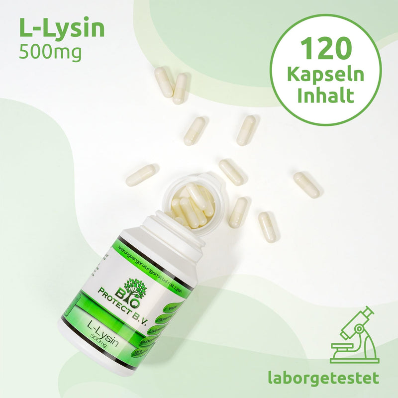 L-Lysine 500 Mg - 120 Capsules Without Additives - High Dose With 1000 Mg Per Daily Dose - Made From Vegetable Fermentation - Laboratory Tested - Bio Protect - NewNest Australia