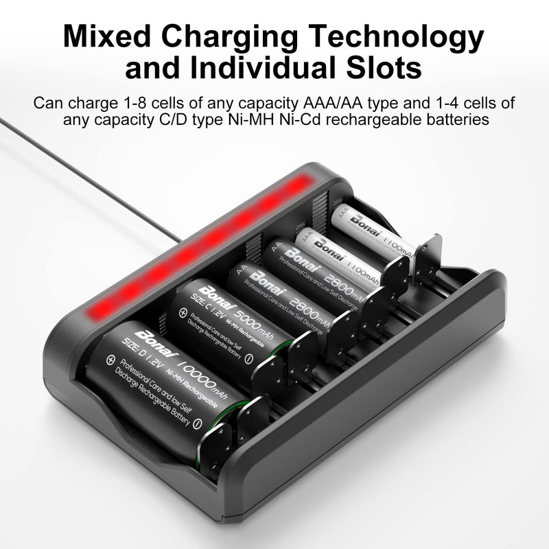 BONAI 8 Bay AAA AA SC C D Battery Charger, USB High-Speed Charging, Independent Slot, for Ni-MH Ni-CD Rechargeable Batteries… 8-BAY - NewNest Australia