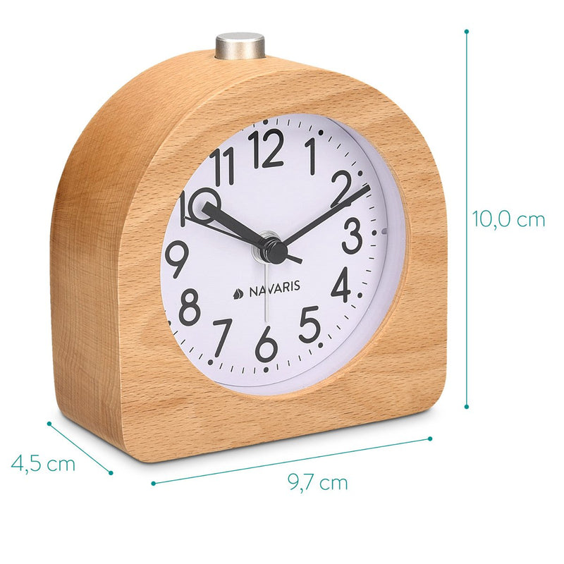 NewNest Australia - Navaris Wood Analog Alarm Clock - Half-Round Battery-Operated Non-Ticking Clock with Snooze Button and Light - Light Brown 