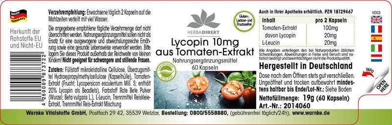 Lycopene capsules 10mg - high dosage - made from tomato extract - vegan - 60 capsules| HERBADIREKT by Warnke vital substances - NewNest Australia