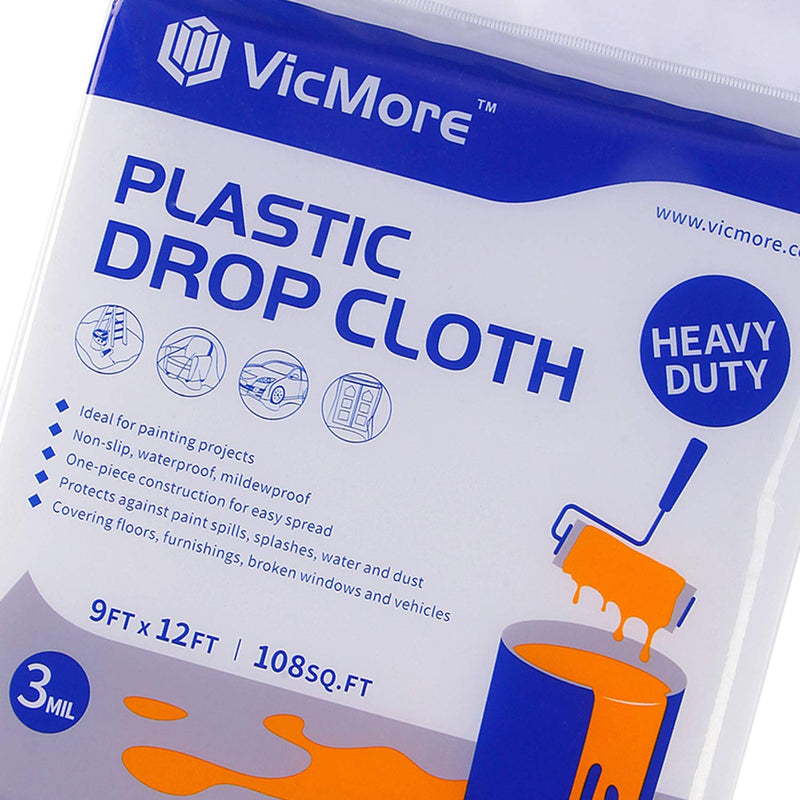 VICMORE Heavy Duty 3 Mil Plastic Drop Cloth for Painting 9 Feet by 12 Feet Strong and Durable Painters Plastic Tarp Waterproof Clear Cover 9ft x 12ft, Heavy Duty - NewNest Australia