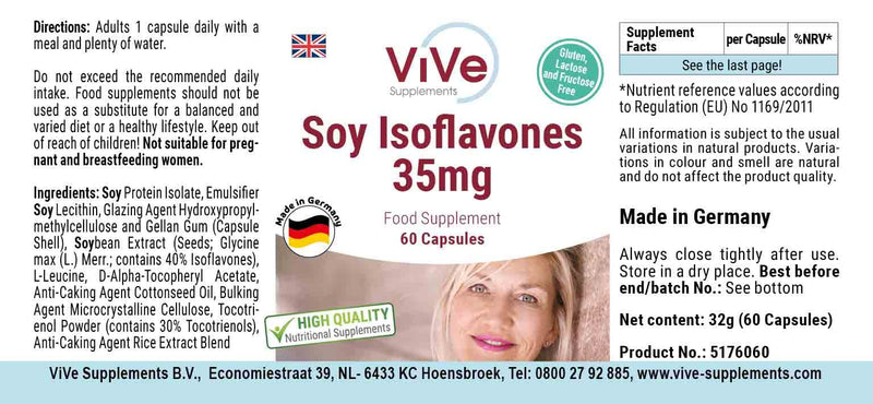 Soy isoflavones 35mg - 60 capsules - high dosage and vegan - made from standardized soybean extract | Quality from Germany from ViVe Supplements - NewNest Australia