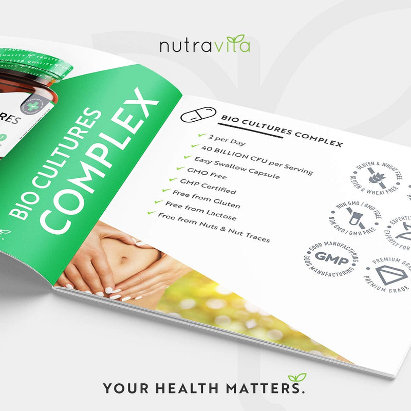 Bio Cultures Complex - 40 Billion Cfu Per Daily Dose With 15 Bacterial Strains - High Dose Vegan Probiotic Capsules With High Efficiency And Intensive Active Ingredient Content - Made By Nutravita - NewNest Australia