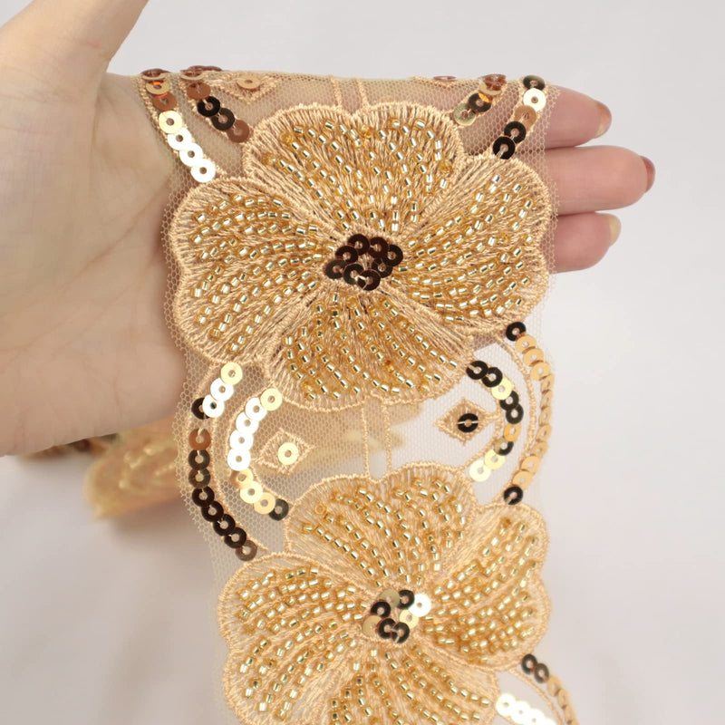 Beaded Lace Trim Gold Lace Ribbon Applique Sequin Lace Mesh Trim Floral Craft Sewing Supplies, Clothing Decorating Gold 1.5 yards - NewNest Australia