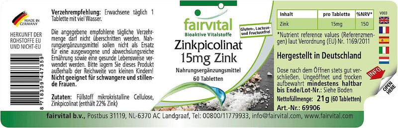 Fairvital | Zinc picolinate 15mg tablets - HIGH DOSE - VEGAN - 60 tablets - NewNest Australia