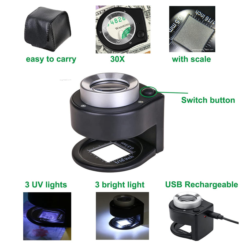30X USB Rechargeable Jewelers Loupe Coin Collection Supplies, Desktop Portable Metal Jewelers Magnifying Glass with Light, Jewelers Loop for Coins Gold Tester Gem Tester Diamond Tester Currency Stamp - NewNest Australia