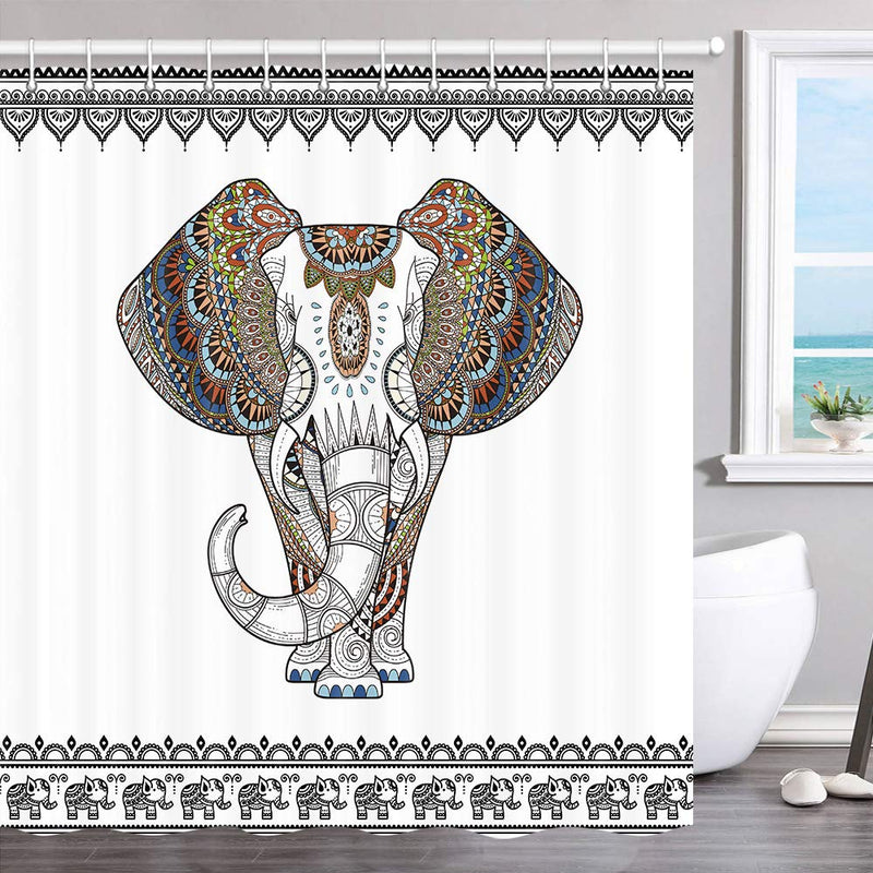 Elephant Shower Curtain, Ethnic Style Bohemian Creative Animal Elephant Black and White Shower Curtain, Fabric Shower Curtain Hooks Include，70 in 70''W By 70''L - NewNest Australia