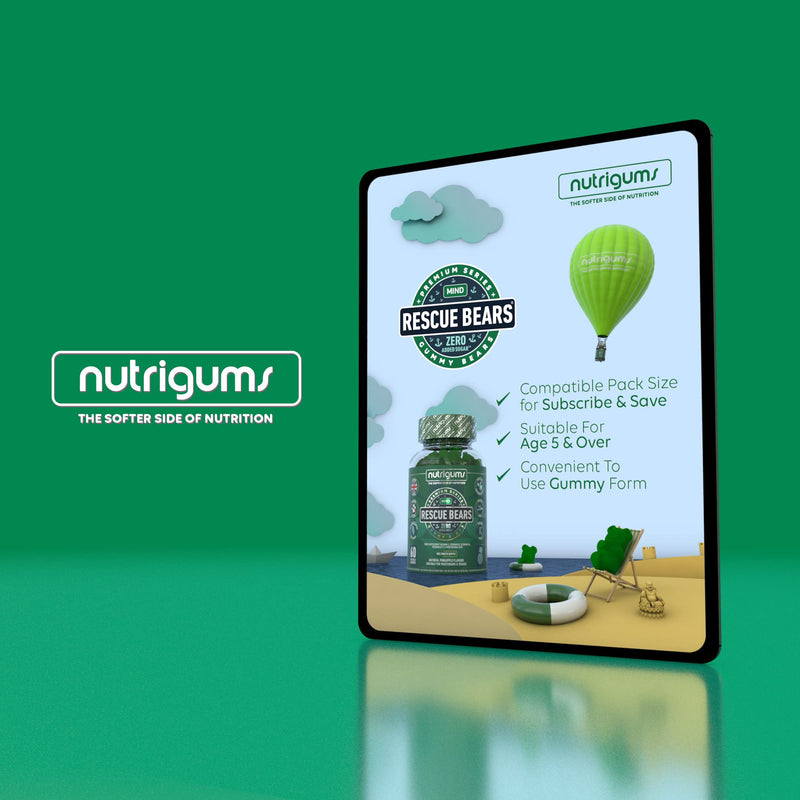 RESCUE BEARS 60 Vegan Gummies. Daytime Stress & Anxiety Relief with Glycine, Taurine, Green Tea, Lemon Balm, Chamomile, Vitamins & Prebiotics for Calming. Pineapple Flavour. - NewNest Australia