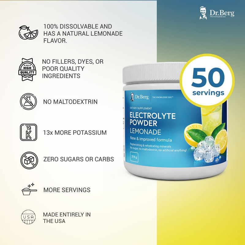 Dr. Berg's Original Electrolyte Powder Lemonade - Hydration Drink Mix Supplement, Boosts Energy & Keto-Friendly - NO Maltodextrin & Sugar-Free - No Ingredients from China - Lemon Flavor 50 Serving Lemonade - 50 Servings - NewNest Australia