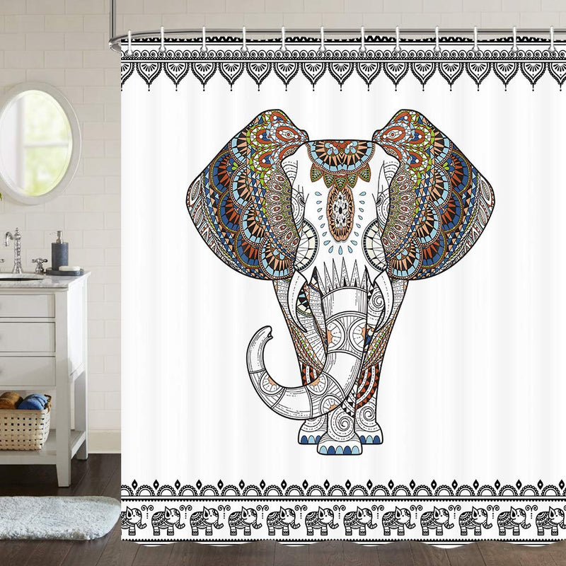 Elephant Shower Curtain, Ethnic Style Bohemian Creative Animal Elephant Black and White Shower Curtain, Fabric Shower Curtain Hooks Include，70 in 70''W By 70''L - NewNest Australia