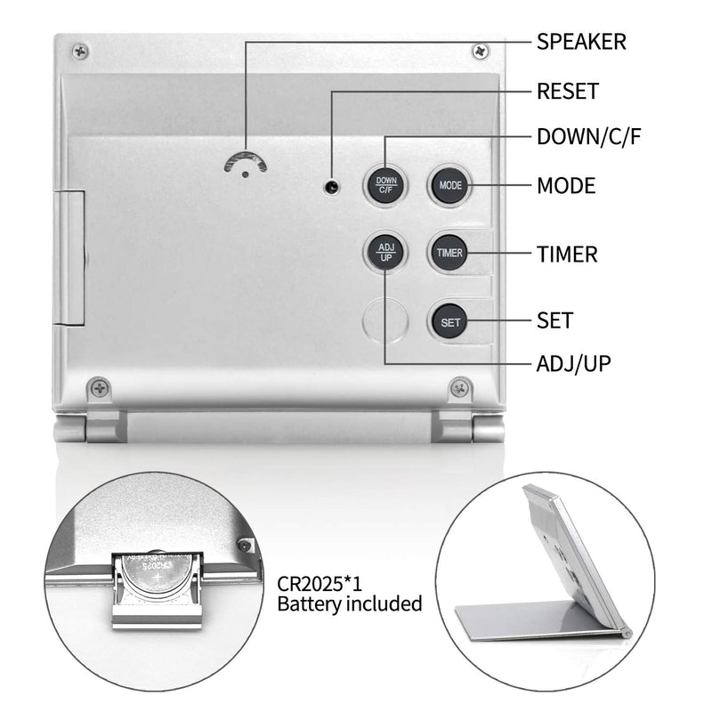 NewNest Australia - Betus Digital Travel Alarm Clock - Foldable Calendar Temperature & Timer LCD Clock with Snooze Mode - Large Number Display, Battery Operated - Compact Desk Clock for All Ages (Silver) 