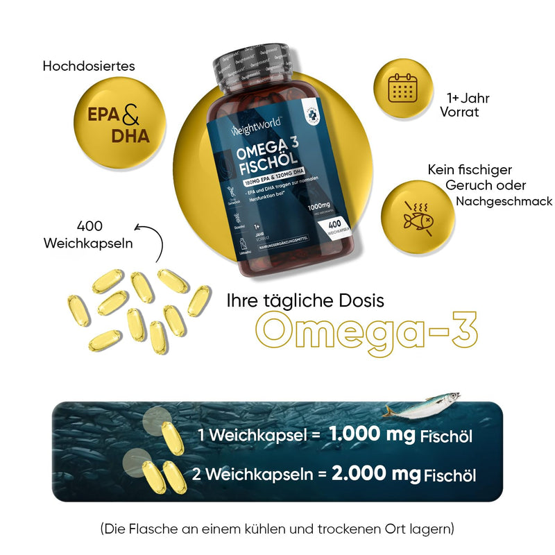 Omega 3 1000mg fish oil 400 soft capsules - 1+ year supply - Essential fatty acids EPA & DHA - Natural fish oil from anchovies - Sustainable & pure - Heart function & blood pressure (EFSA) - WeightWorld - NewNest Australia