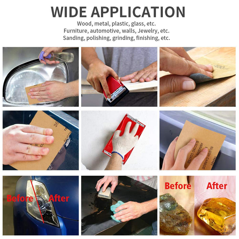 Sandpaper 120 to 2500 Girt Sand Paper with Sanding Block Sander, Wet Dry Waterproof Abrasive Sanding Sheets Assortment for Automotive Car Wood Metal Glass Polishing Finishing, 9х3.6 Inch - NewNest Australia