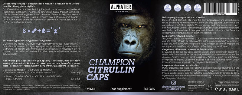 L-Citrulline Malate Capsules - 360 Caps High Dose + Vegan - Alpha Champion L-Citrulline Malate Dl 2:1 - Fitness Bodybuilding - Premium Quality Without Magnesium Stearate - NewNest Australia