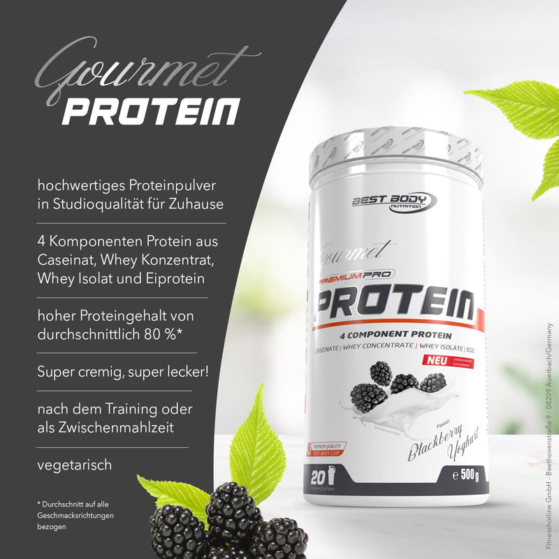 Best Body Nutrition Gourmet Premium Pro Protein, Blackberry Yoghurt, 4 Components Protein Shake: Caseinate, Whey Concentrate, Whey Isolate, Egg Protein, 500 G Tub - NewNest Australia
