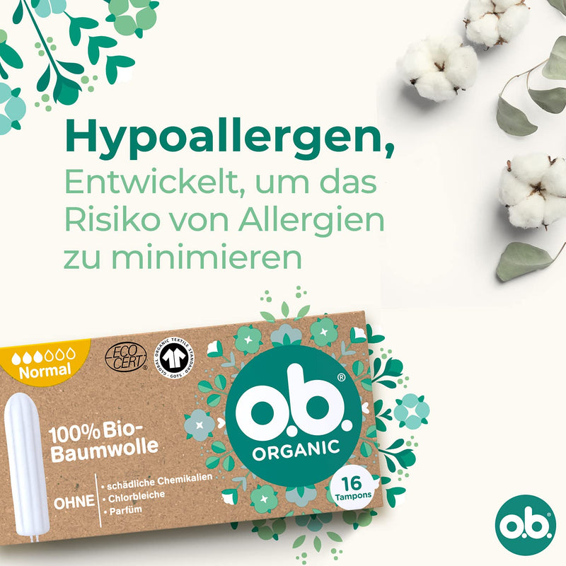 o.b. Organic Normal, Organic Tampons for Medium to Strong Days, Made from 100% Organic Cotton for Natural Protection (1 x 16 Pieces),Brown,30360 - NewNest Australia