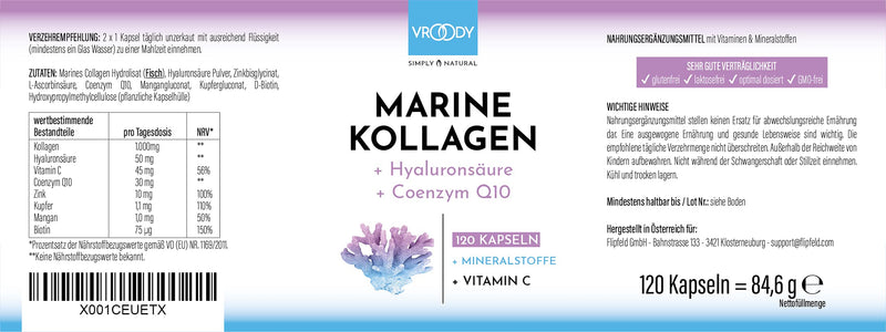 Premium Marine Collagen Combo 1000mg + Q10, hyaluronic acid, copper, manganese, vitamins C, zinc & biotin contribute to the maintenance of normal skin & hair; Made in Austria by VROODY - test result VERY GOOD! - NewNest Australia
