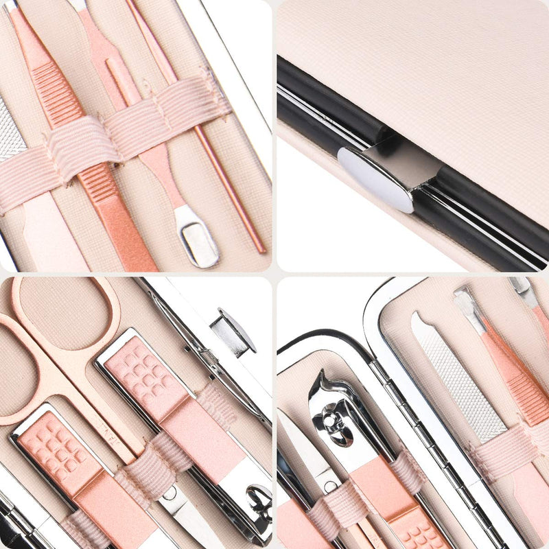 URAQT Professional Manicure Set, 7 pcs Portable Nail Clippers & Eyebrow Grooming Kit, Stainless Steel Nail Care Tools with Luxurious Leather Case for Travel & Home A-pink-7pcs/Set - NewNest Australia