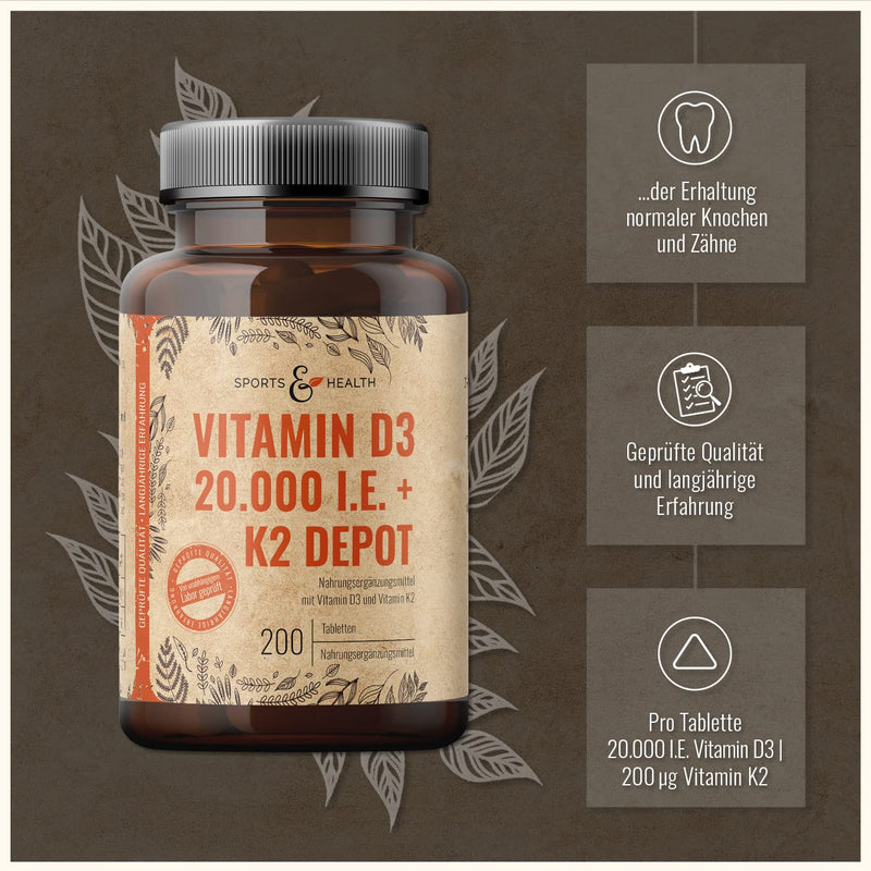 Vitamin D3 K2 tablets - 200 tablets - vitamin D high dose 20,000 IU + 200µg vitamin K2-Mk7 - D3 K2 depot - premium quality - vegetarian - laboratory tested - NewNest Australia