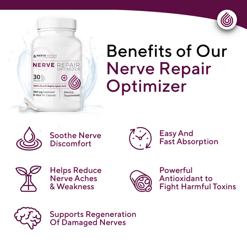 Nerve Renew Nerve Repair Optimizer - Dietary Supplement - 30 Capsules - 300 mg Stabilized R-Alpha Lipoic Acid per Capsule for Natural Nerve Discomfort Support - Fast Absorption - Safe and All Natural 30 Count (Pack of 1) - NewNest Australia