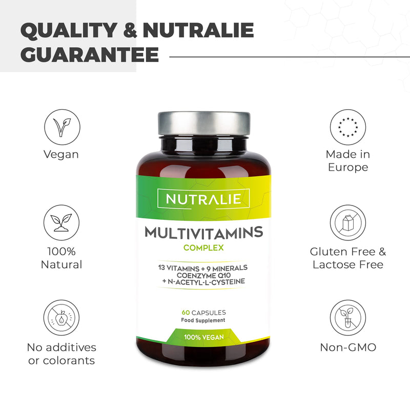 Multivitamin Capsules 29 Essential Nutrients Vegan | Vitamins A, B, C, D, E, K, Biotin, L-Cysteine, Coenzyme Q10 And 9 Minerals | Multivitamin Complex 60 Capsules | Nutralie - NewNest Australia