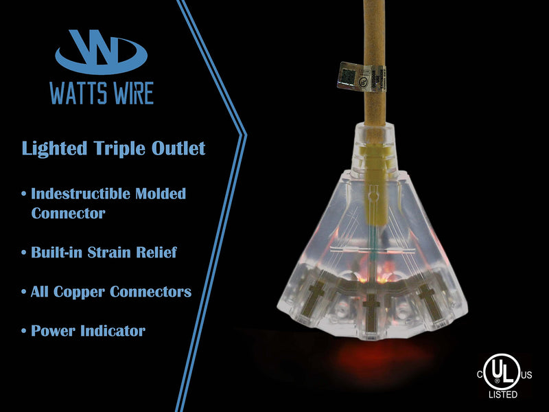 2-ft 12/3 Heavy Duty 3-Outlet Lighted SJTW Indoor/Outdoor Extension Cord by Watt's Wire - Short 2' 12-Gauge Grounded 15-Amp Power-Cord (2 foot 12-Awg) 2 ft Yellow - NewNest Australia