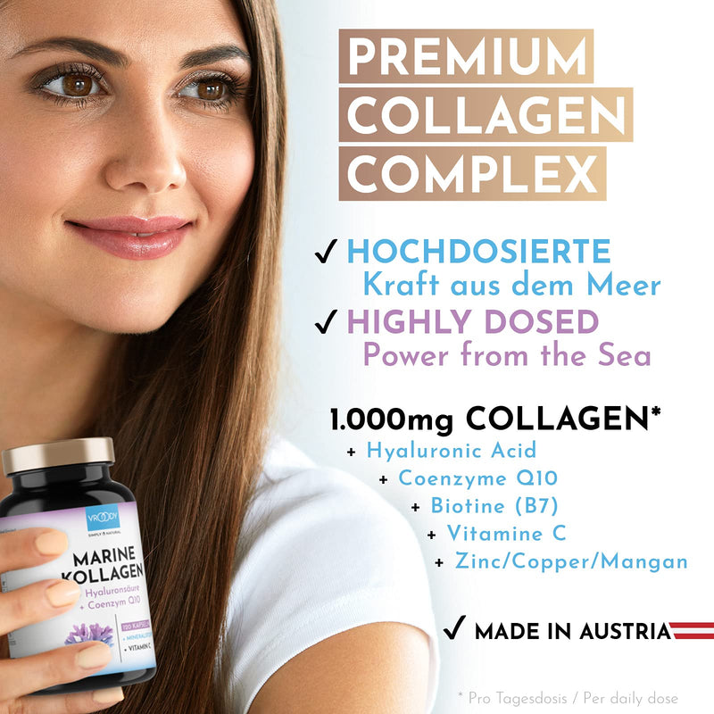 Premium Marine Collagen Combo 1000mg + Q10, hyaluronic acid, copper, manganese, vitamins C, zinc & biotin contribute to the maintenance of normal skin & hair; Made in Austria by VROODY - test result VERY GOOD! - NewNest Australia