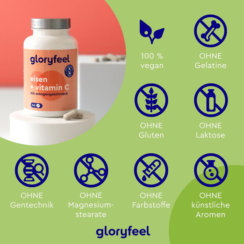 Iron with 40mg natural vitamin C - 240 tablets - Premium raw materials: iron bisglycinate (iron chelate) + vitamin C from acerola extract - Laboratory tested and made in Germany without additives - NewNest Australia