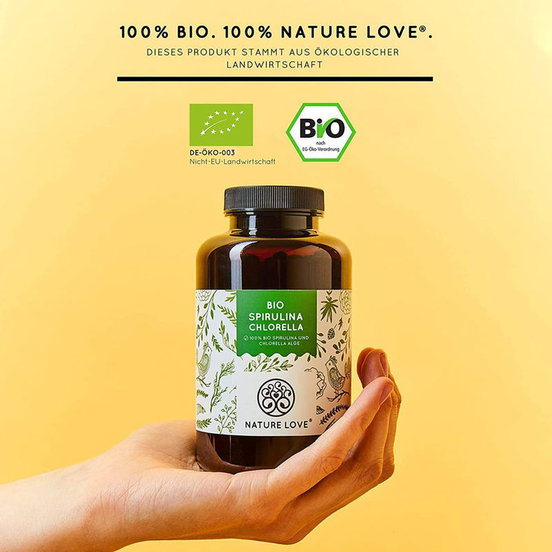 Nature Love Organic Spirulina + Organic Chlorella - 3000Mg Spirulina & Chlorella Per Daily Dose - 500 Tablets - No Additives And Certified Organic - High Dosage, Laboratory Tested And 100% Vegan - NewNest Australia