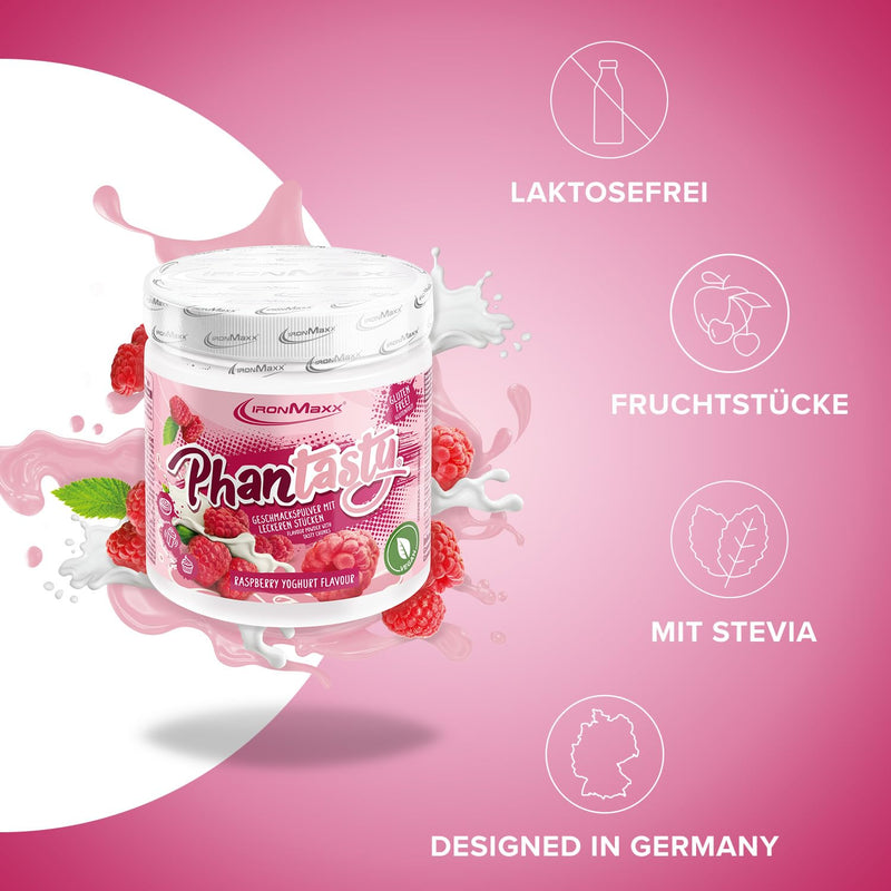IronMaxx Phantasty flavor powder - Raspberry Yogurt 250g can | with real fruit pieces | vegan, lactose-free and gluten-free - NewNest Australia
